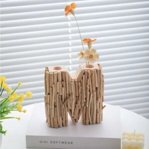 Carved Wooden Block Floral Vase